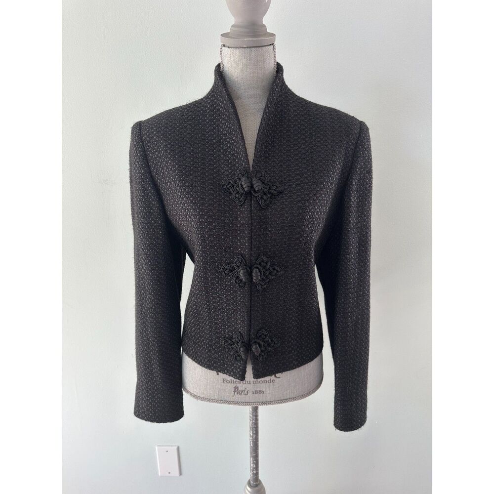 Vintage Asian Style Frog Closure Textured Tweed Jacket Black Mandarin Collar XL